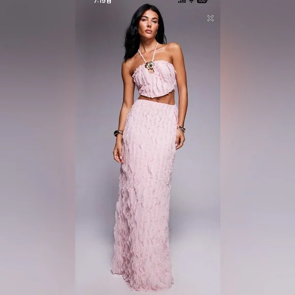 ASOS Design Textured Halter Neck Maxi Dress with Floral Trim in Pink